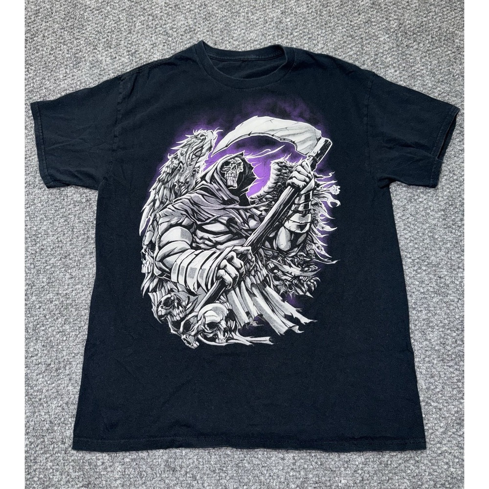 Men's Black Grim Reaper Skull Graphic‎ Print Crew Neck Cotton T-Shirt Size M